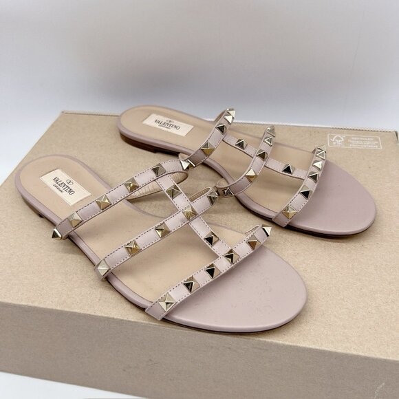 Valentino Garavani Womens Rockstud Flat Slide Sandals P45 Poudre Leather EU 39 - Picture 2 of 11